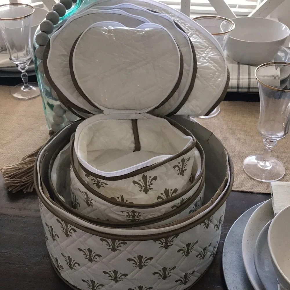 Vintage RARE Fleur De Lis Print Quilted Plastic Round Zipper Storage Set…